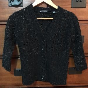 Razzle Dazzle Black and Gold Button Up, 3/4 Sleeve Cropped Knit Sweater, Sz M